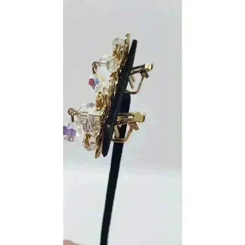 Vintage Earrings Clip Gold Filigree AB Crystal Dangle Soft Touch 1950 Fancy